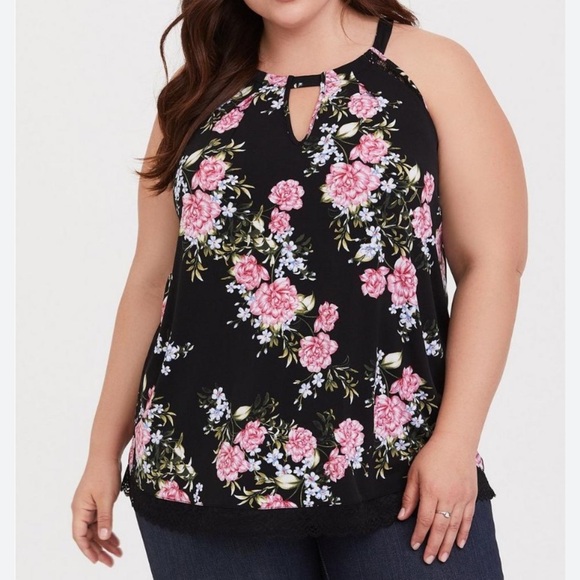 Torrid Studio Knit High Neck Keyhole Top Size 3 Plus Size Floral Black‎ - Picture 1 of 9
